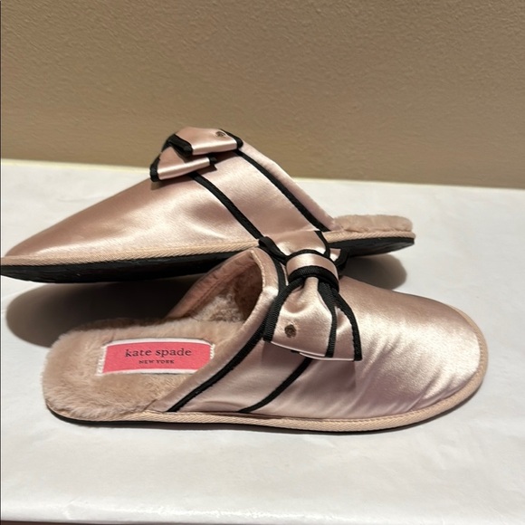 kate spade Shoes - NWOT Kate Spade Pink and Black Slippers with Bow Detail and Faux Fur